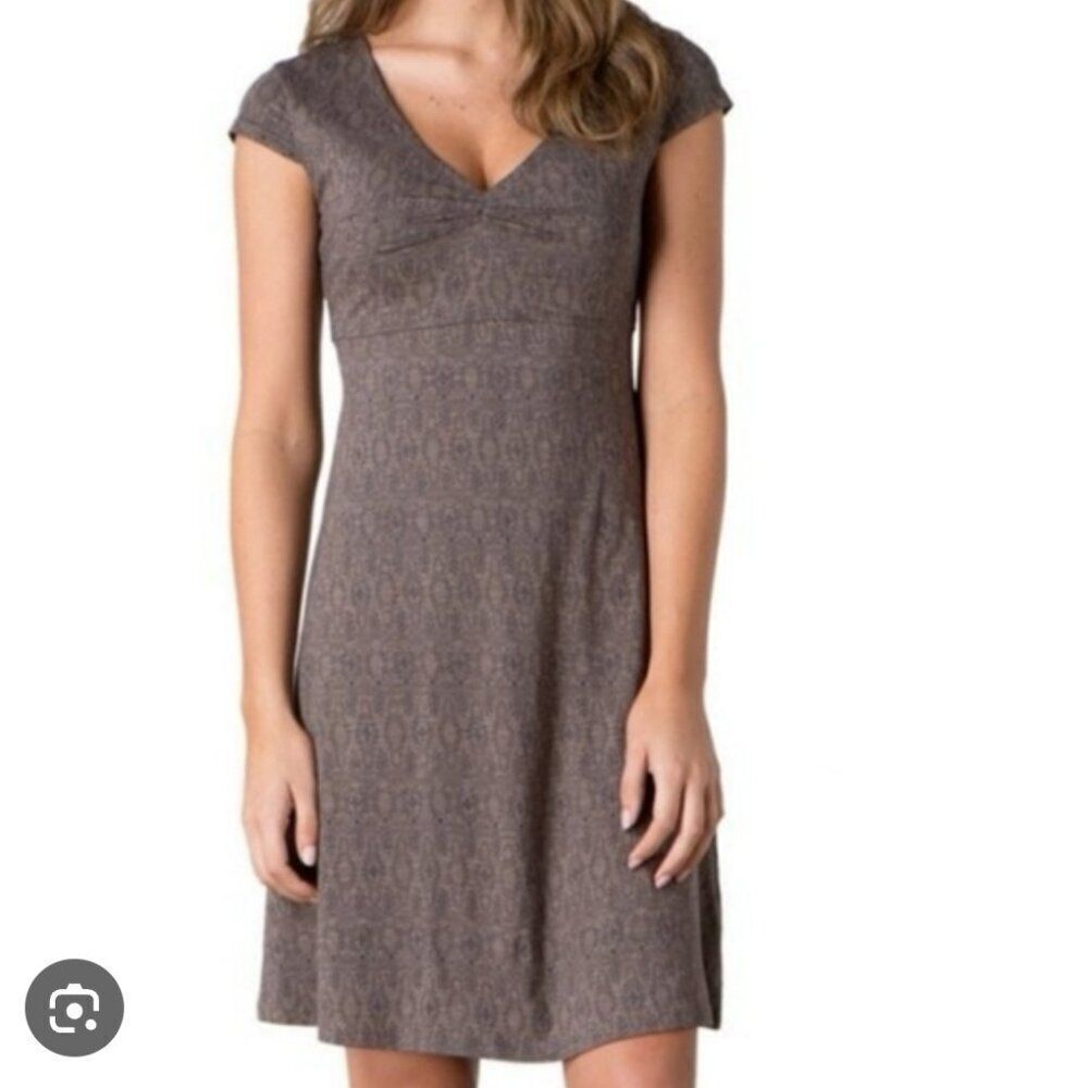 Toad&Co Rosemarie Dress Size S Tan Beige Printed V-Neck A-line Cap Sleeve